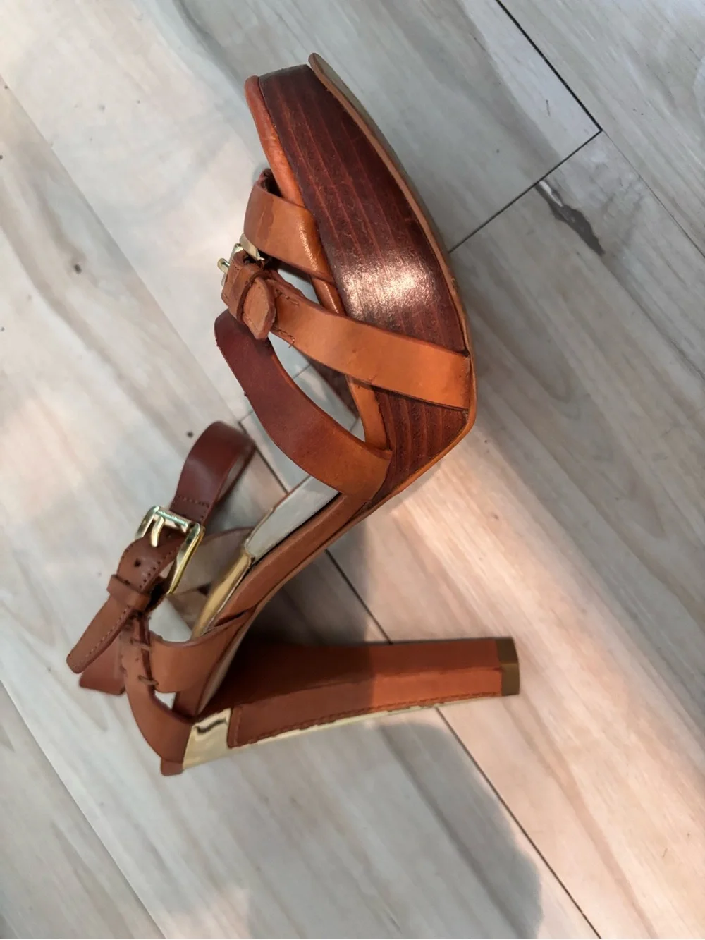 Michael Kors Tan Leather Strappy Wedge Sandals with Gold Buckles